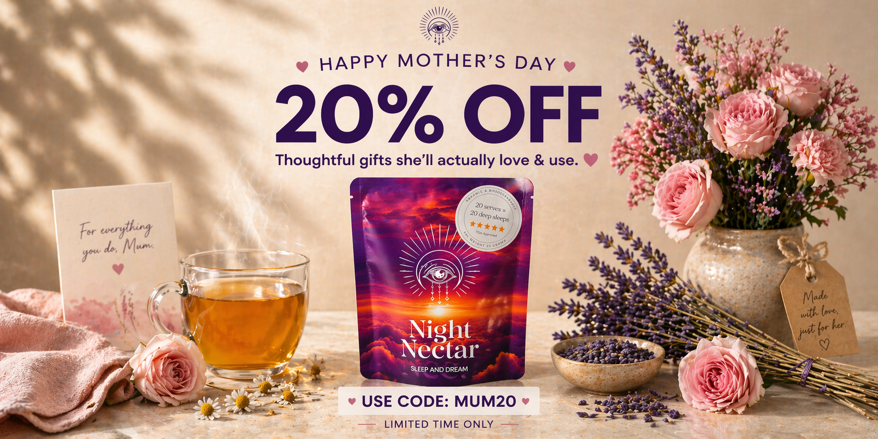 Promotional image for Mother's Day with tea, flowers, and a card on a wooden surface.