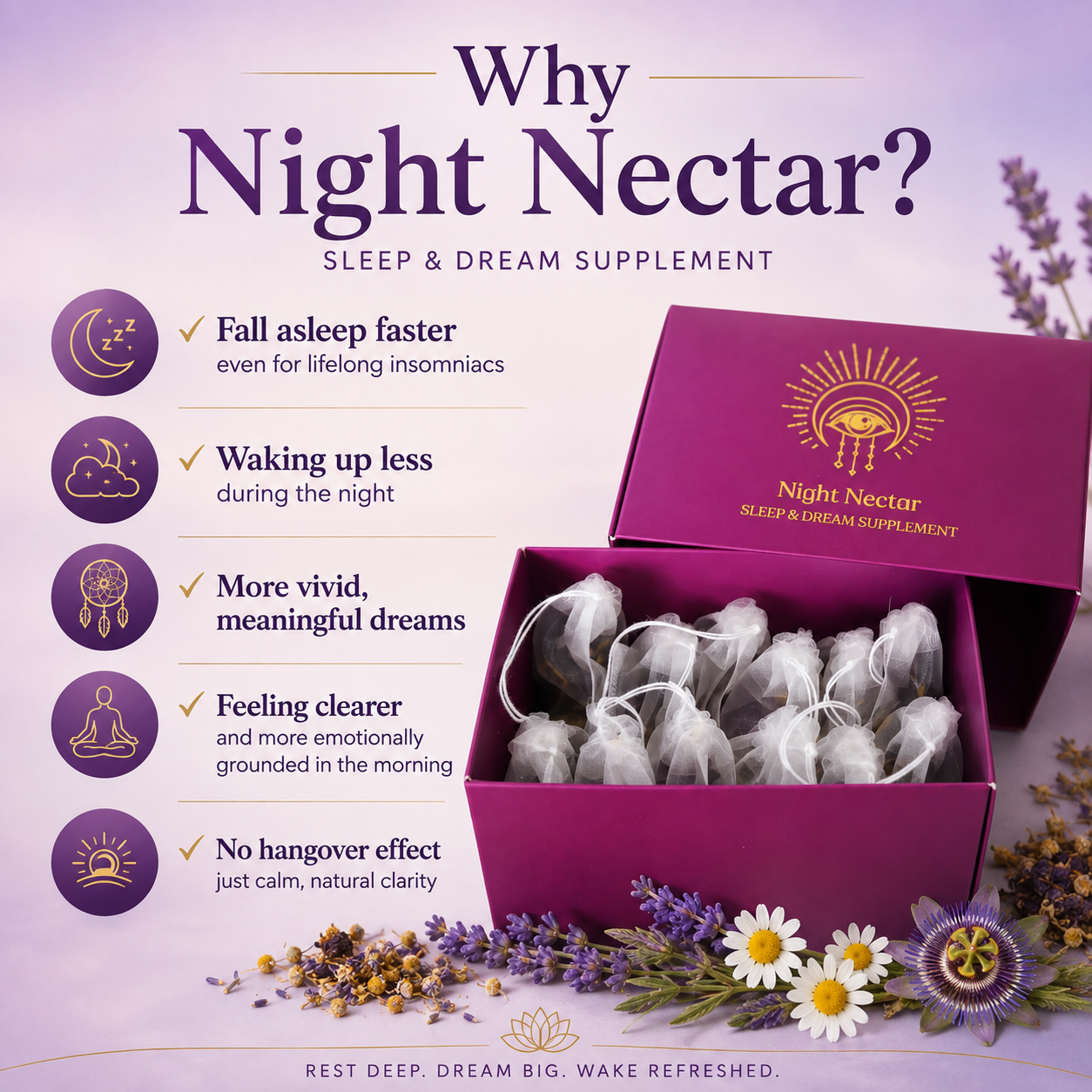 Premium handmade tea bags from Night Nectar featuring natural bedtime organic blend for nightly calm in a 12-pack.