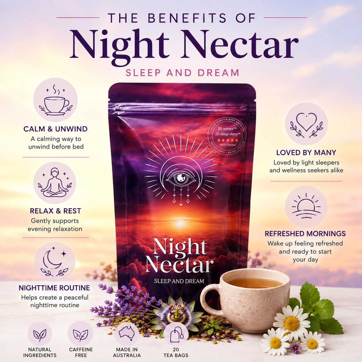 Organic Herbal Night Blend tea packs by Night Nectar, featuring botanical infusions for relaxing evening rituals.