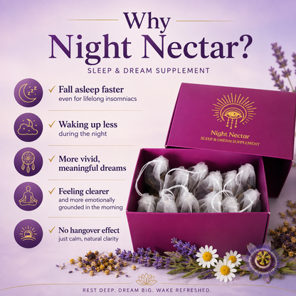 Premium handmade tea bags from Night Nectar featuring natural bedtime organic blend for nightly calm in a 12-pack.